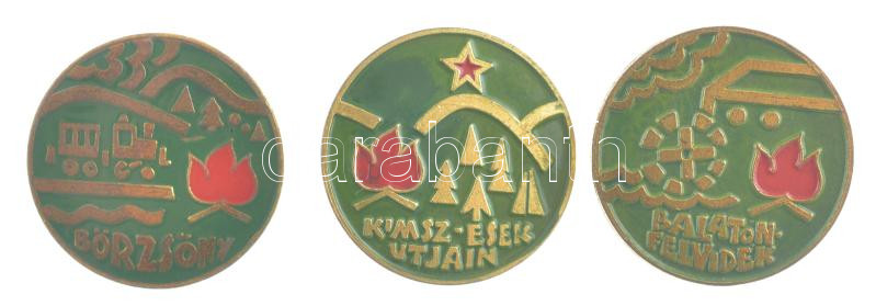 ~1980. 'Balaton- Felvidék' festett bronz úttörő túrajelvény (25mm) + 'Börzsöny' műgyantás bronz úttörő jelvény (25mm)+ 'KIMSZ-esek útjain (Kommunista Ifjúmunkások Magyarországi Szövetsége)' festett bronz úttörő túrajelvény