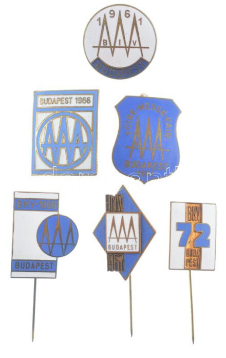 1961. 'BIV Budapest (Budapest Ipari Vásár)' zománcozott tombak jelvény (28mm) + 1962. 'BIV - Foire Messe Fair - Budapest' zománcozott tombak jelvény (34x27mm) + 1966. 'Budapest (Budapesti Nemzetközi Vásár)' zománcozott tombak jelvény