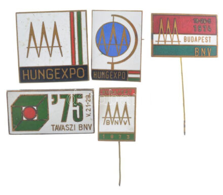 1973. Budapest BNV (Budapesti Nemzetközi Vásár)' zománcozott tombak jelvény (26x18mm) + 1974. '18-26-5 Budepest BNV' zománcozott tombak jelvény (20x32mm) + 1975. 'V.21-29 Tavaszi BNV' zománcozott Cu jelvény (22x40mm) + DN 2xklf 'Hungexpo'