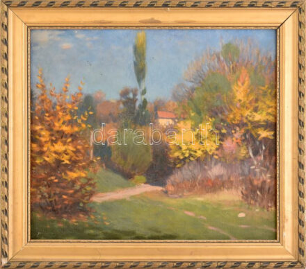 Csíky Sándor (?-1976): Őszi táj, Mátrafüred. Olaj, vászon, jelzett a hátoldalán. Dekoratív, kissé sérült fakeretben. 38x44 cm.