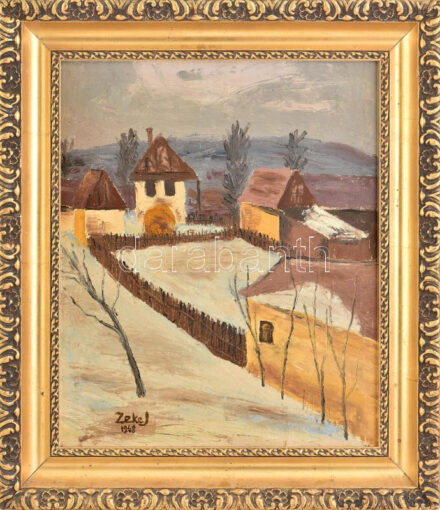 Zeke József (?-): Téli táj. Olaj, vászon, jelzett. Dekoratív fakeretben. 47x40 cm.