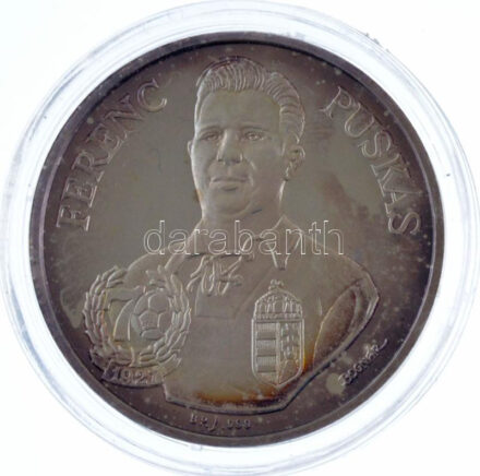 Bognár György (1944-) 1996. 'Puskás Ferenc / World's record holder of the 1st league goals' kétoldalas, angol nyelvű, jelzett Ag emlékérem, kapszulában, tokban (12,05g/0.999/30mm) T:PP ujjlenyomat, patina