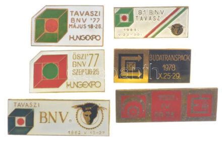 1977. 'Tavaszi BNV Budapesti Nemzetközi Vásár) '77 május 18-26 - Hungexpo' aranyozott, zománcos tombak jelvény (20x34mm) + 1977. 'Őszi BNV '77 szept.16-25 - Hungexpo' festett Cu-Zn jelvény (20x35mm) + 1978. 'Budatranspack 1978 X.25-29'