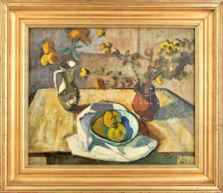 Papp Zoltán (1924-2013): Csendélet, 1962. Olaj, farost, jelzett. Hátoldalán Képcsarnok Vállalat címkéjével. Dekoratív, üvegezett fakeretben. 50x60 cm.