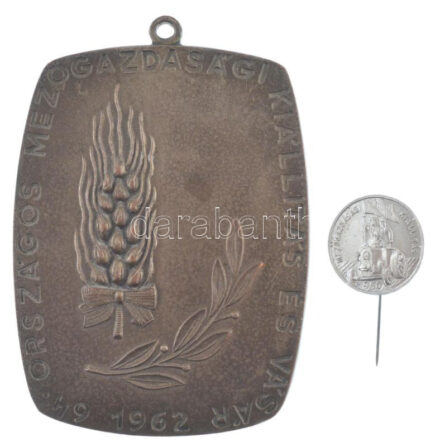 1950. 'Mezőgazdasági Kiállítás' Al jelvény (21mm) + 1962. '64. Országos Mezőgazdasági Kiállítás és Vásár' egyoldalas bronz plakett tetején füllel (81x61mm) T:1