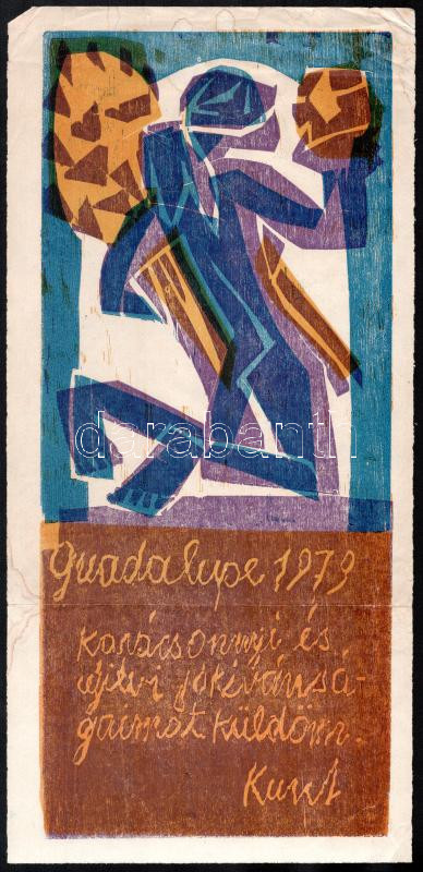 Kunt Ernő (1920-1994): Guadalupe, 1979. Linómetszet, papír, jelzett a metszeten. Lapszéli apró szakadásokkal, kissé foltos, hajtásnyommal. 39,5x17 cm