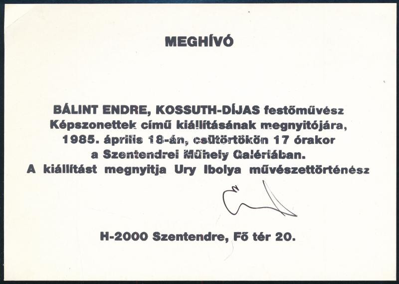 Bálint Endre festő által aláírt meghívó