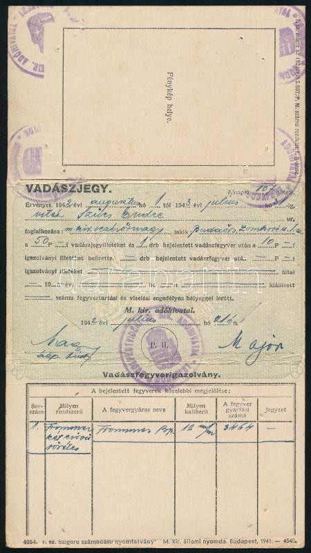 1942 Vadászjegy tábornok részére, fénykép nélkül