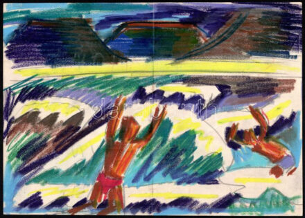 Kunt Ernő (1920-1994): Ez a Balaton! Kréta, papír, jelzés nélkül, hátoldalán autográf felirattal, hajtásnyommal, 21x30 cm