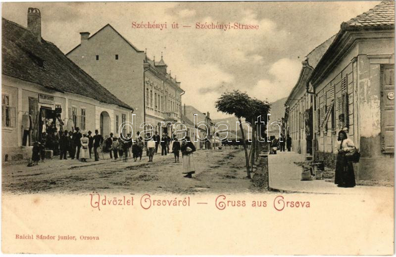 Orsova, Széchenyi út, Trajan Gamber üzlete. Raich Sándor junior kiadása / Széchenyi-Strasse / street view, shops