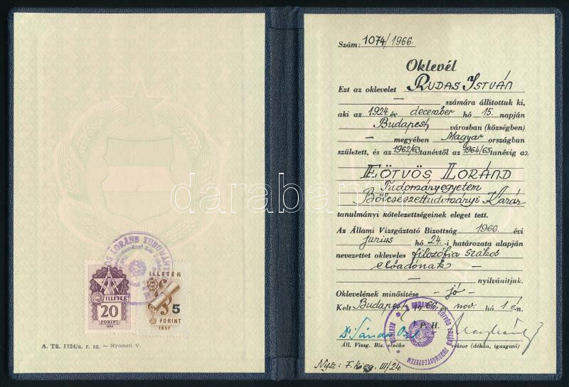 1966 Filozófia oklevél Sándor Pál aláírásával