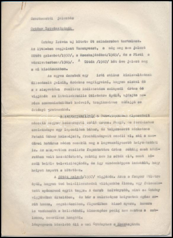 1969 Magvető Kiadó szerkesztői jelentése Örkény István drámáinak kiadásáról