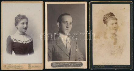 cca 1885-1920 3 db műtermi portré, keményhátú fotó klf. műtermekből (Szerdahelyi/Bp., Stiegler/Bp., Ofner/Ybbs), utóbbi foltos, 10,5x6,5 cm.