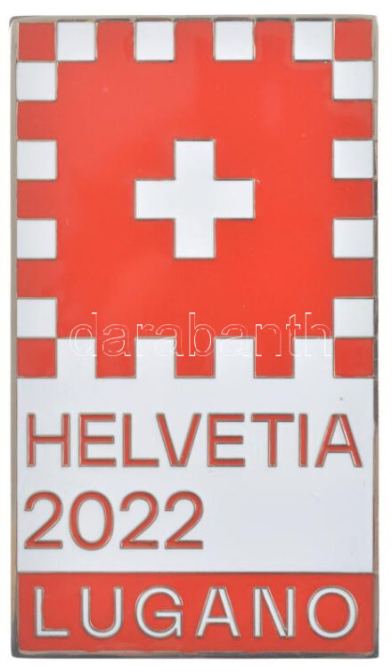 Svájc 2022. 'Helvetia 2022 Lugano' zománcozott fém plakett, hátoldalán 'OMEA' gyártói jelzéssel, eredeti, de kissé sérült 'Corinphila Auktionen' karton díszdobozban (58x100mm) T:1 Switzerland 2022. 'Helvetia 2022 Lugano' enamelled