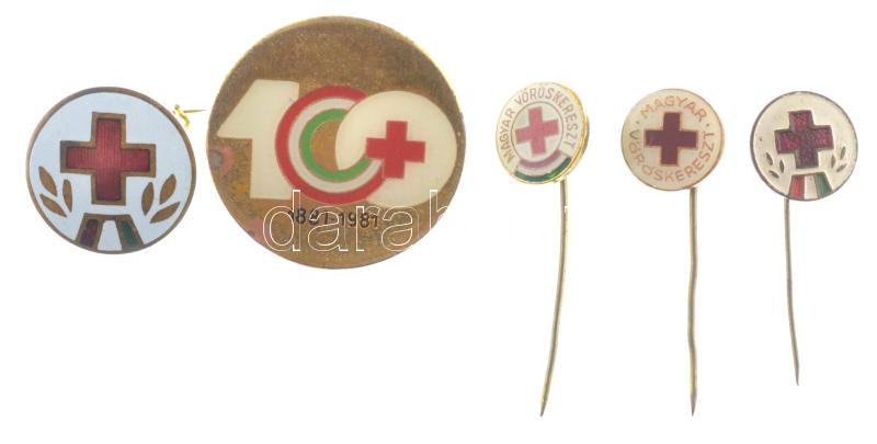 ~1975. 'Magyar Vöröskereszt' 3xklf festett, műgyantás jelvény (13mm) + ~1955. 'Magyar Vöröskereszt' zománcozott tombak jelvény (20mm) + 1981. 'Magyar Vöröskereszt 100' aranyozott, festett műgyantás bronz jelvény (30mm) T:1,1- patina