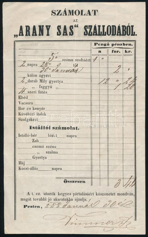 1858 Pest, Arany Sas Szálloda fejléces számla