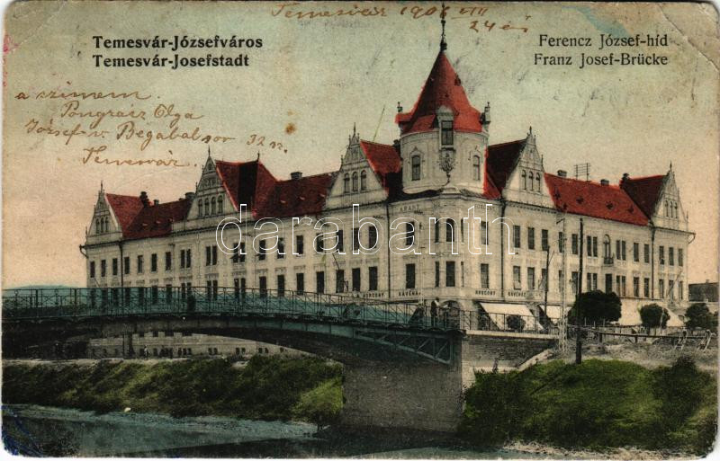 1906 Temesvár, Timisoara; Józsefváros, Ferenc József híd, Arany Horgony kávéház / Iosefin, bridge, cafe (EB)
