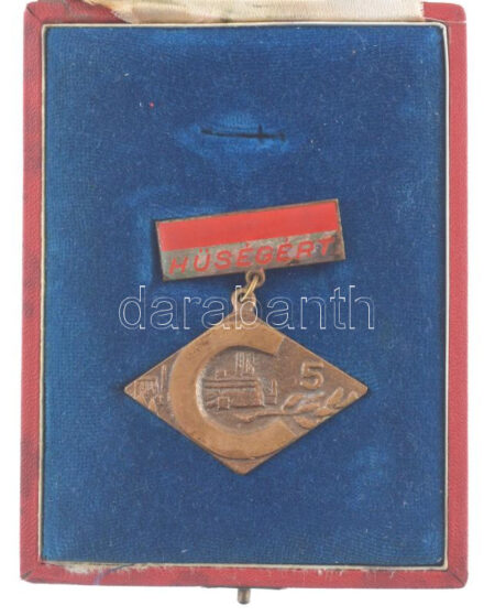 ~1975. 'Hűségért / C5 (5 éves váci Dunai Cement Művek)' öntött bronz törzsgárda jelvény festett műgyantás függesztésen, a gyár emblémájával ellátott eredeti dobozban (35x52mm) T:1- patina