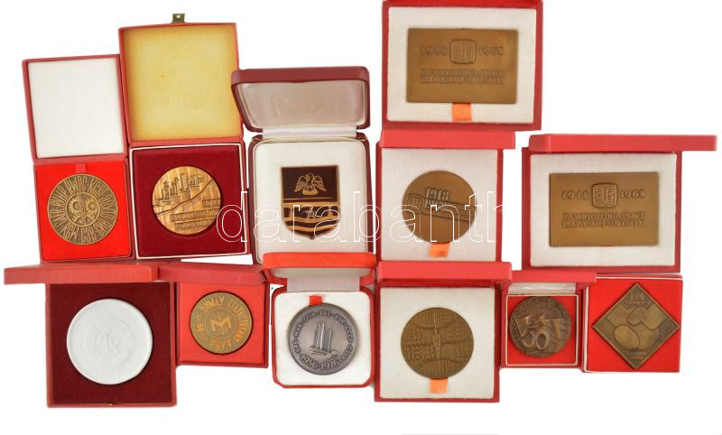 12 darabos külföldi szocialista emlékérem és plakett tétel, közte bronz, ezüstözött bronz és porcelán darabokkal, mindegyik eredeti dobozában, szép állapotban 12 pieces foreign socialist commemorative medallion and plaque lot,