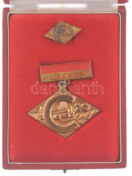 ~1975. 'Hűségért / C20 (20 éves váci Dunai Cement Művek)' öntött bronz törzsgárda jelvény festett függesztésen, miniatűrrel, a gyár emblémájával ellátott eredeti dobozban (35x52mm) T:1 patina