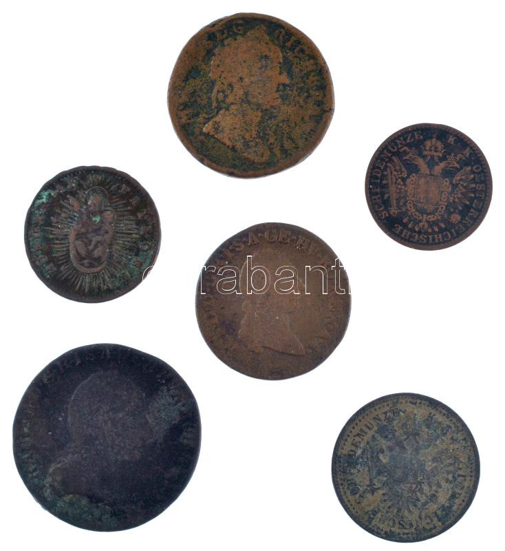 1767. Rézdénár + 176?P 1kr Cu 'Mária Terézia' + 1790S 1kr Cu 'II. József' + 1800B(?) 3kr Cu 'I. Ferenc' + 1851B 1/2kr Cu + 1851A 1kr Cu T:3,3-