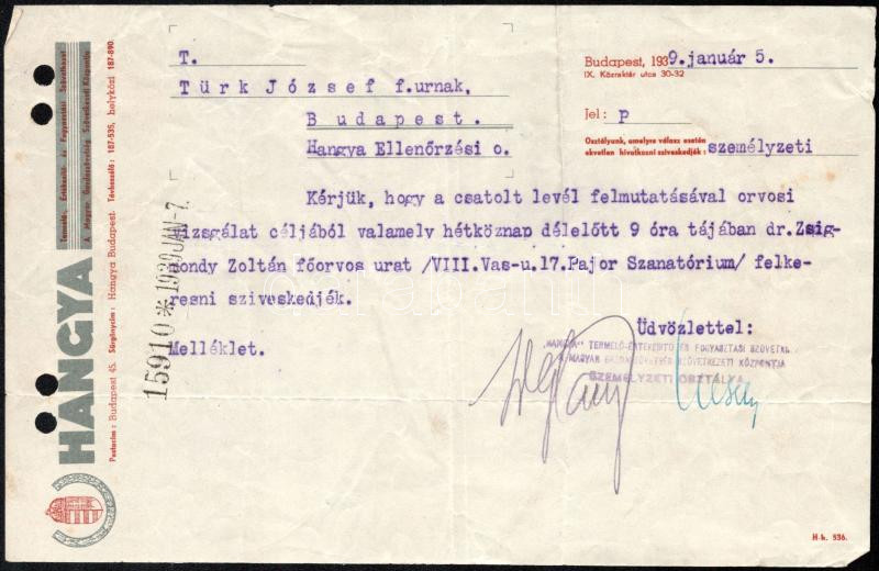 1934-39 Hangya Szövetkezet 2 db levele főellenőrnek, fejléces papíron, hajtásnyomokkal - Image 2