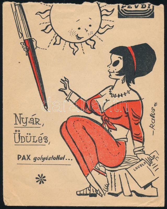 cca 1940-60 3 db reklám papírzacskó: Müller Divatház (Bp.); Forte; Nyár, üdülés, Pax golyóstolla, Kallus illsuztrácvióval (sérült). - Image 3