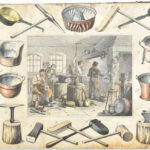 cca 1860 Különböző mesterségek használati eszközeit bemutató képeskönyv 16 oldalon, színezett metszetekkel, 30×37 cm