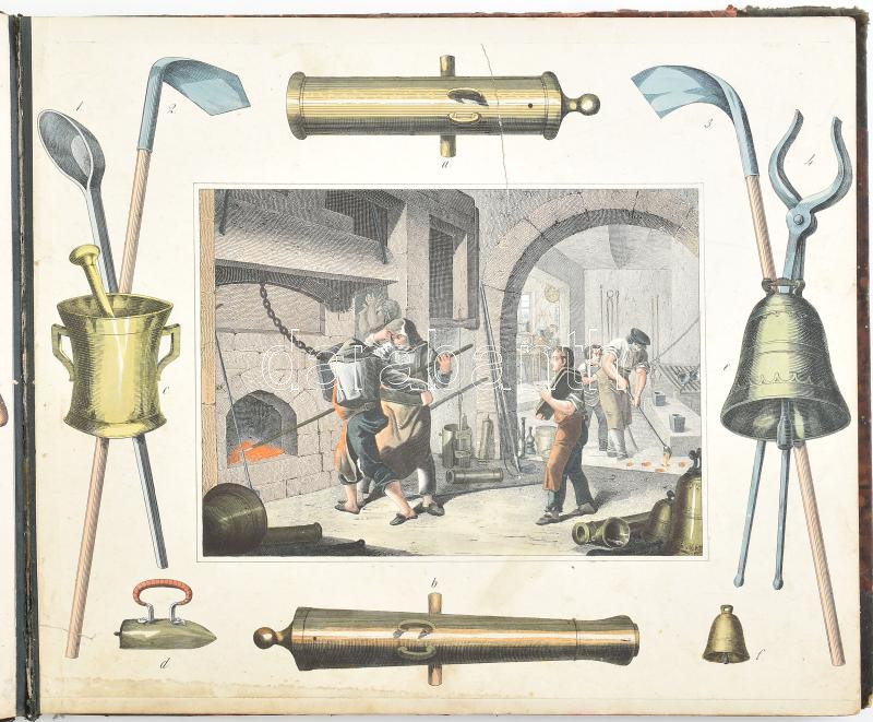 cca 1860 Különböző mesterségek használati eszközeit bemutató képeskönyv 16 oldalon, színezett metszetekkel, 30×37 cm - Image 3