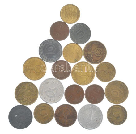 Német Harmadik Birodalom 1933-1943. 1pf-50pf (20db, 18xklf), közte 1936F 10pf Al-bronz + 1937D 5pf Al-bronz + 1938F 10pf Al-bronz + 1939F 2pf bronz + 1943D 50pf Al T:2,2- German Third Reich 1933-1943. 1 Reichspfennig - 50 Reichspfennig (20pcs,