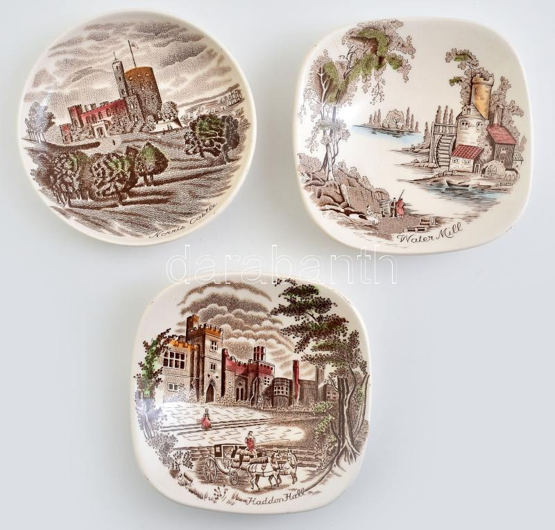 Johnson Bros angol porcelán tálka, 3 db, különböző mintával, XX. sz. eleje, matricás, jelzett, d: 10,5 cm