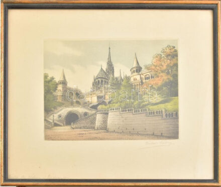 Victor Valery: Templom. Színezett rézkarc, papír, jelzett, üvegezett keretben. 14,5x20,5 cm