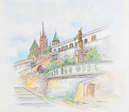 Stefan Grecu (?-?): Halászbástya, Budapest. Vegyes technika, papír, jelzett, 50x54 cm