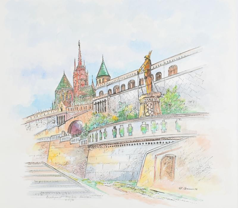 Stefan Grecu (?-?): Halászbástya, Budapest. Vegyes technika, papír, jelzett, 50x54 cm