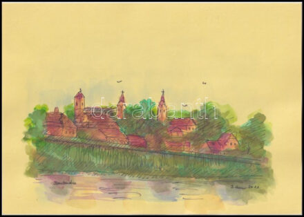 Stefan Grecu (?-?): Szentendre, Dunapart. Akvarell, tus, papír, jelzett, 15x21 cm