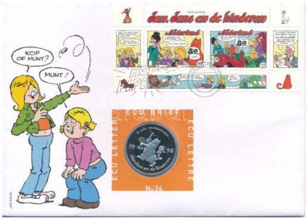 Hollandia 1998. 1E 'Jan, Jans en de Kinderen' felbélyegzett borítékban, bélyegzéssel, hátulján négy nyelvű leírással T:PP Netherlands 1998. 1 Ecu 'Jan, Jans en de Kinderen' in envelope with stamps and cancellation, with descriptions in