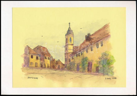 Stefan Grecu (?-?): Szentendrei részlet. Akvarell, tus, papír, jelzett, 15x21 cm