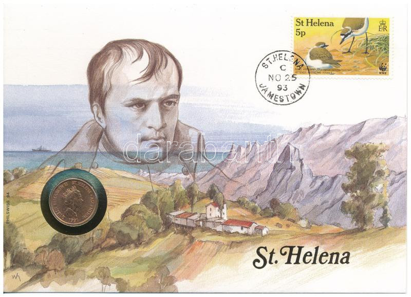 Szent Ilona 1991. 1p felbélyegzett borítékban, bélyegzéssel, német nyelvű leírással T:UNC patina Saint Helena 1991. 1 Penny in envelope with stamp and cancellation, with German description C:UNC patina