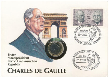 Franciaország 1988. 1Fr Ni 'Charles de Gaulle' aranyozott érme, érmés borítékban bélyeggel, bélyegzéssel T:1 France 1988. 1Fr Ni 'Charles de Gaulle' gilt coin, in coin envelope with stamps and cancellations C:UNC