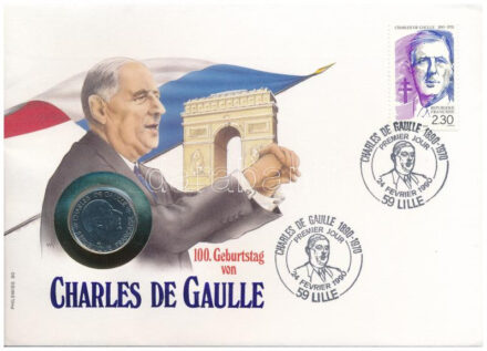 Franciaország 1988. 1Fr Ni 'Charles de Gaulle' érmés borítékban bélyeggel, bélyegzéssel T:1 France 1988. 1Fr Ni 'Charles de Gaulle' in coin envelope with stamps and cancellations C:UNC