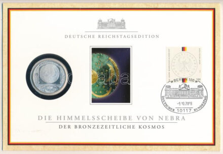 Németország 2008. 10E Ag 'Nebrai csillagász korong' forgalomba nem került emlékkiadás felbélyegzett, '0150' sorszámú, tanúsítványként szolgáló dísz kartonlapon T:PP Germany 2008. 10 Euro Ag 'Nebra Sky Disc' non-circulating