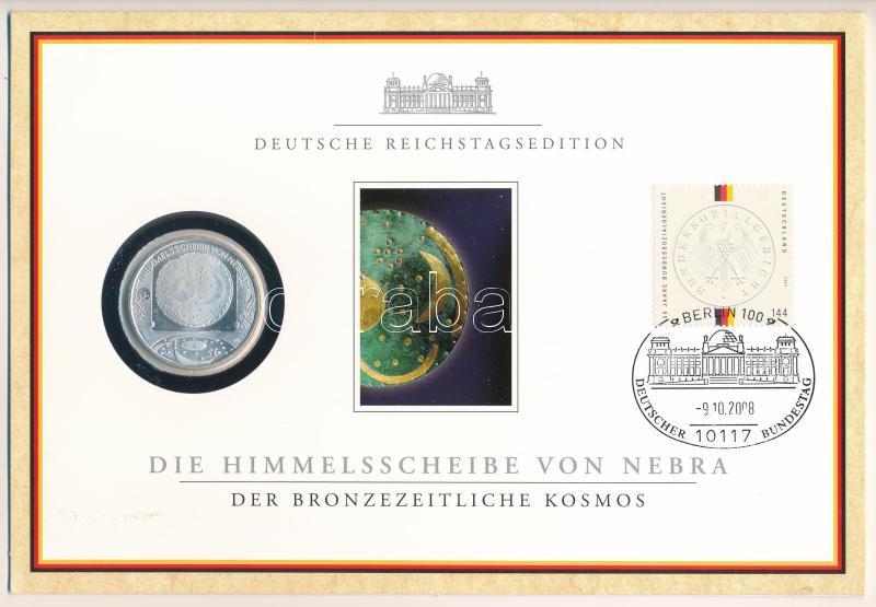Németország 2008. 10E Ag 'Nebrai csillagász korong' forgalomba nem került emlékkiadás felbélyegzett, '0150' sorszámú, tanúsítványként szolgáló dísz kartonlapon T:PP Germany 2008. 10 Euro Ag 'Nebra Sky Disc' non-circulating