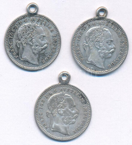 Ausztria ~1868-1872. 10kr Ag 'Ferenc József' (3x) mindegyik medállá alakítva, egy-egy oldaluk pedig lecsiszolva és gravírozva T:2- patina Austria ~1868-1872. 10 Kreuzer 'Franz Joseph' (3x) each turned into a pendant, and one side of them are