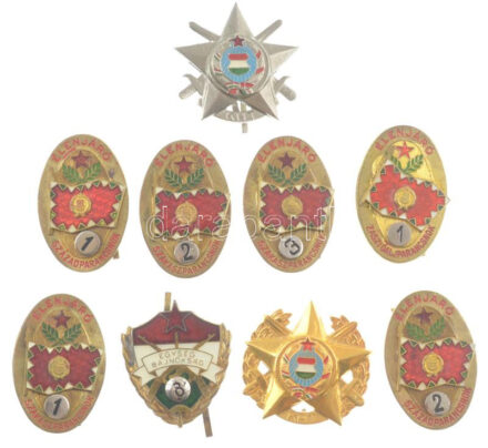 1962-1984. 'A Magyar Néphadsereg kitüntető jelvényei' 9 darabos festett és műgyantás sapkajelvény tétel, közte 'Élenjáró szakaszparancsnok','Élenjáró zászlóaljparancsnok','Kilián Haditorna bajnok','Egység Bajnokság 8' T:1-2