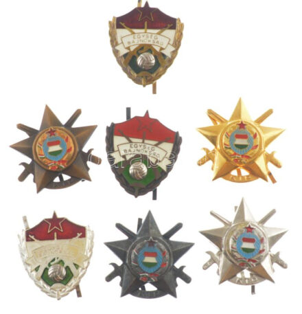 1969-1980. 'A Magyar Néphadsereg kitüntető jelvényei' 7 darabos festett és műgyantás sapkajelvény tétel, közte 'Katonai Tízpróba','Egység Bajnokság' T:1,1- ragasztónyom