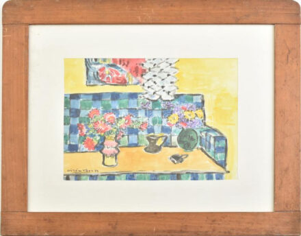 Vöröss Tibor (1911-1999): Kanapés csendélet. Akvarell, papír, jelzett. Dekoratív, üvegezett fakeretben. 19×24,5 cm