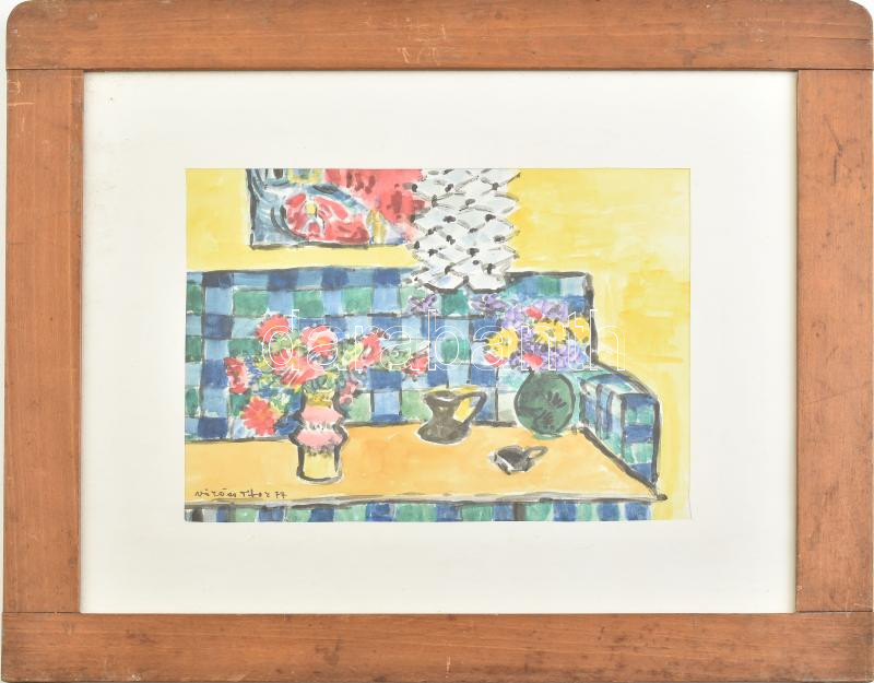 Vöröss Tibor (1911-1999): Kanapés csendélet. Akvarell, papír, jelzett. Dekoratív, üvegezett fakeretben. 19×24,5 cm