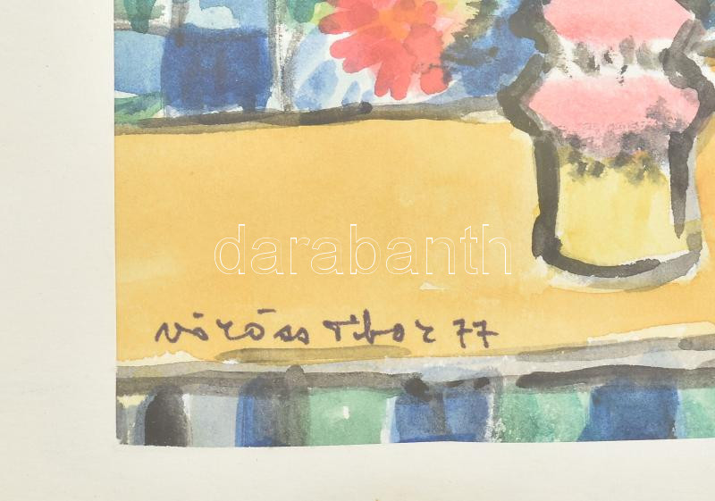 Vöröss Tibor (1911-1999): Kanapés csendélet. Akvarell, papír, jelzett. Dekoratív, üvegezett fakeretben. 19×24,5 cm - Image 2