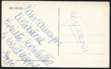 Rév Erzsi színésznő autográf dedikálása őt ábrázoló fotólapon