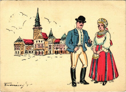 1937 Szabadka, Subotica; Városháza, a vidék népviselete. Kiadja a Délvidéki Egyetemi és Főiskolai Hallgatók Egyesülete / town hall, traditional costumes, folklore, irredenta art postcard s: Tusnády (EK)